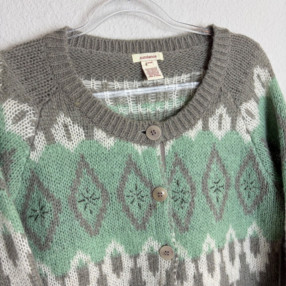 Sundance Mohair Blend Beaded Fair Isle Cardigan Sweater Gray Green PM